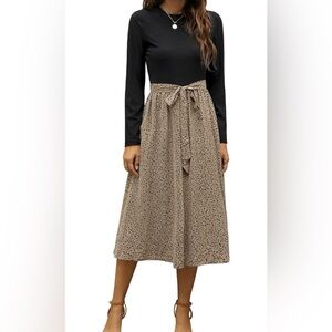 Zattcas Black & Tan Leopard Print Ribbed Midi Dress with Pockets